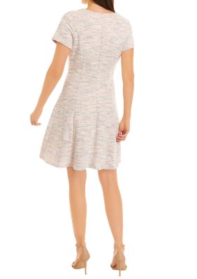 Women's Short Sleeve Cut Out Boucle Fit and Flare Dress