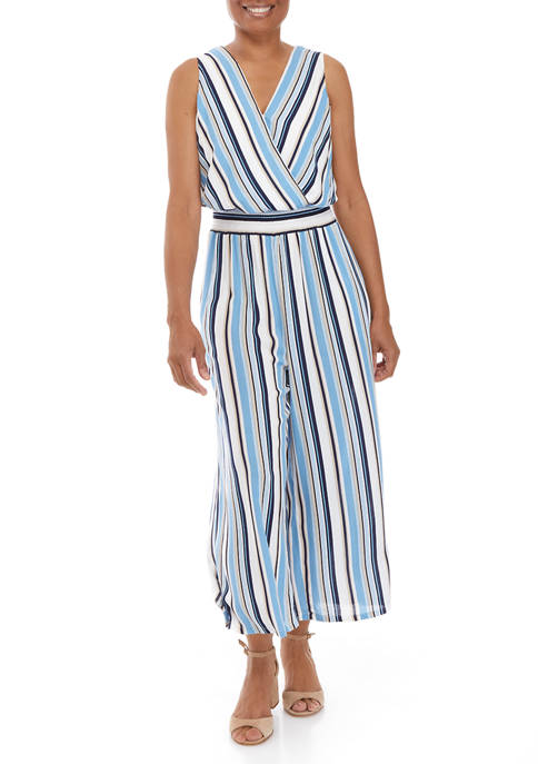 AGB Womens Sleeveless Smocked Striped Jumpsuit