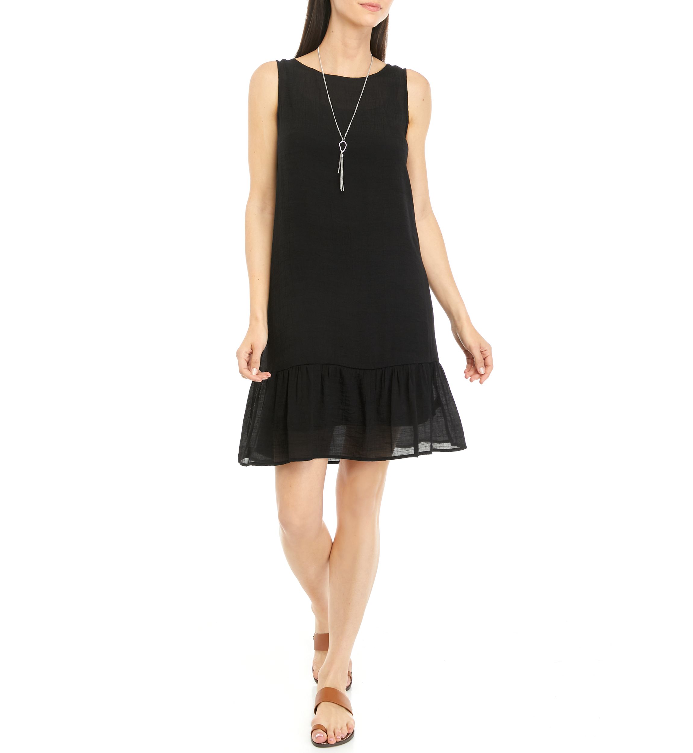 Womens Sleeveless Gauze Flounce Hem Dress with Necklace 