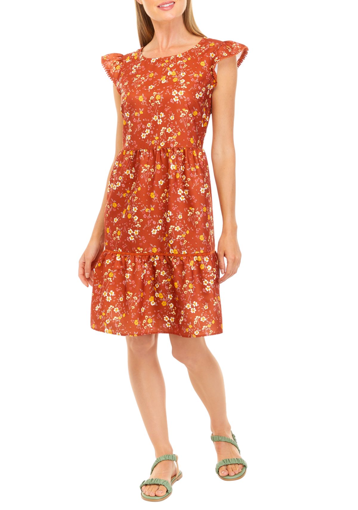 Womens Flutter Sleeve Floral Print A-Line Dress