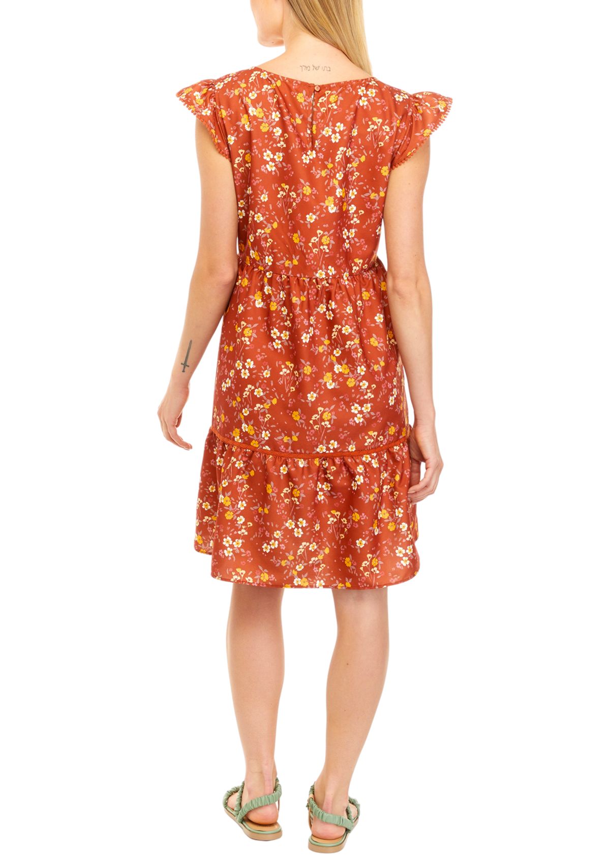 Womens Flutter Sleeve Floral Print A-Line Dress