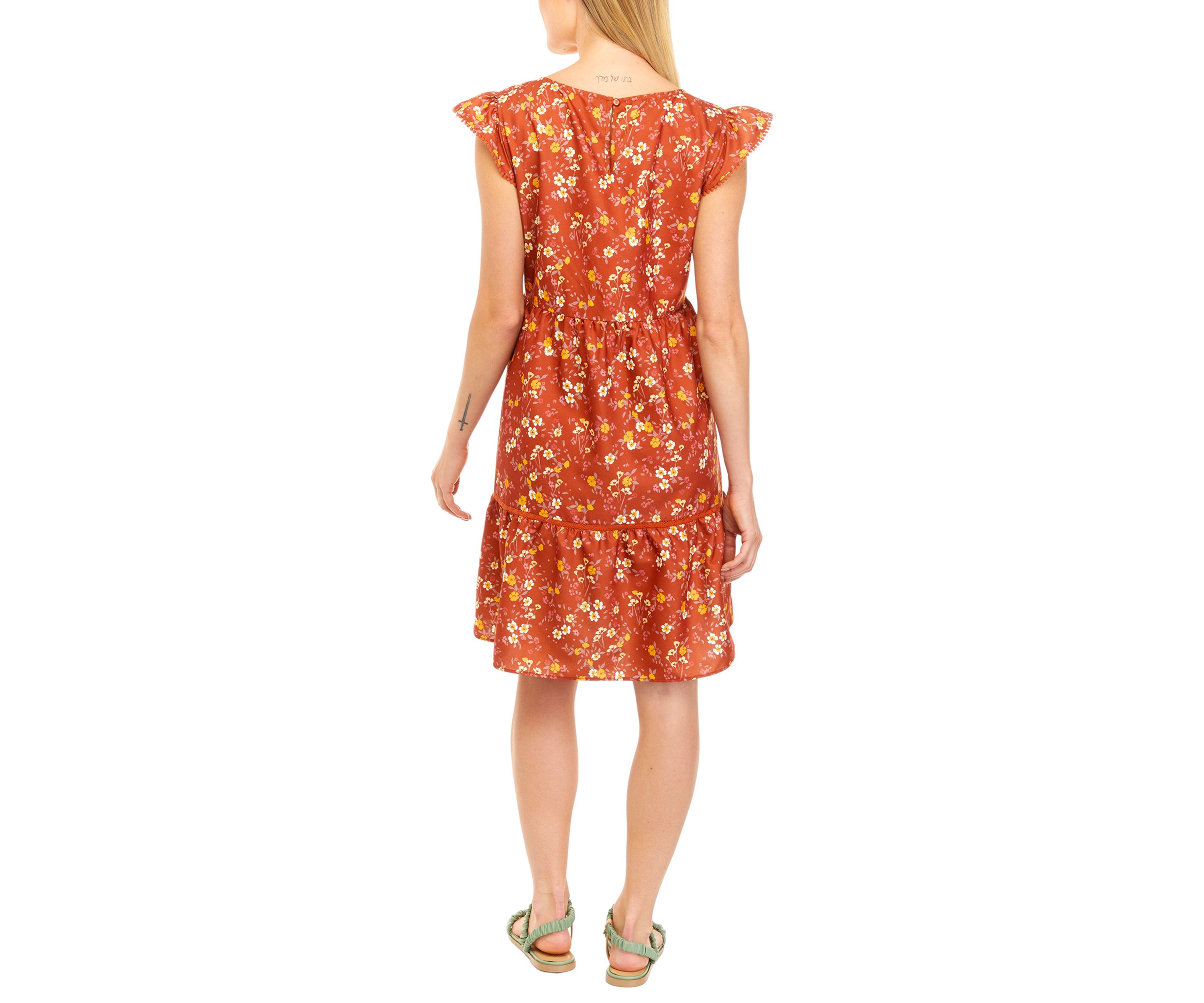 Womens Flutter Sleeve Floral Print A-Line Dress