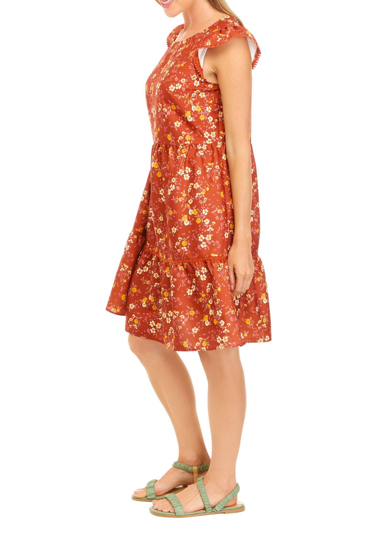 Womens Flutter Sleeve Floral Print A-Line Dress