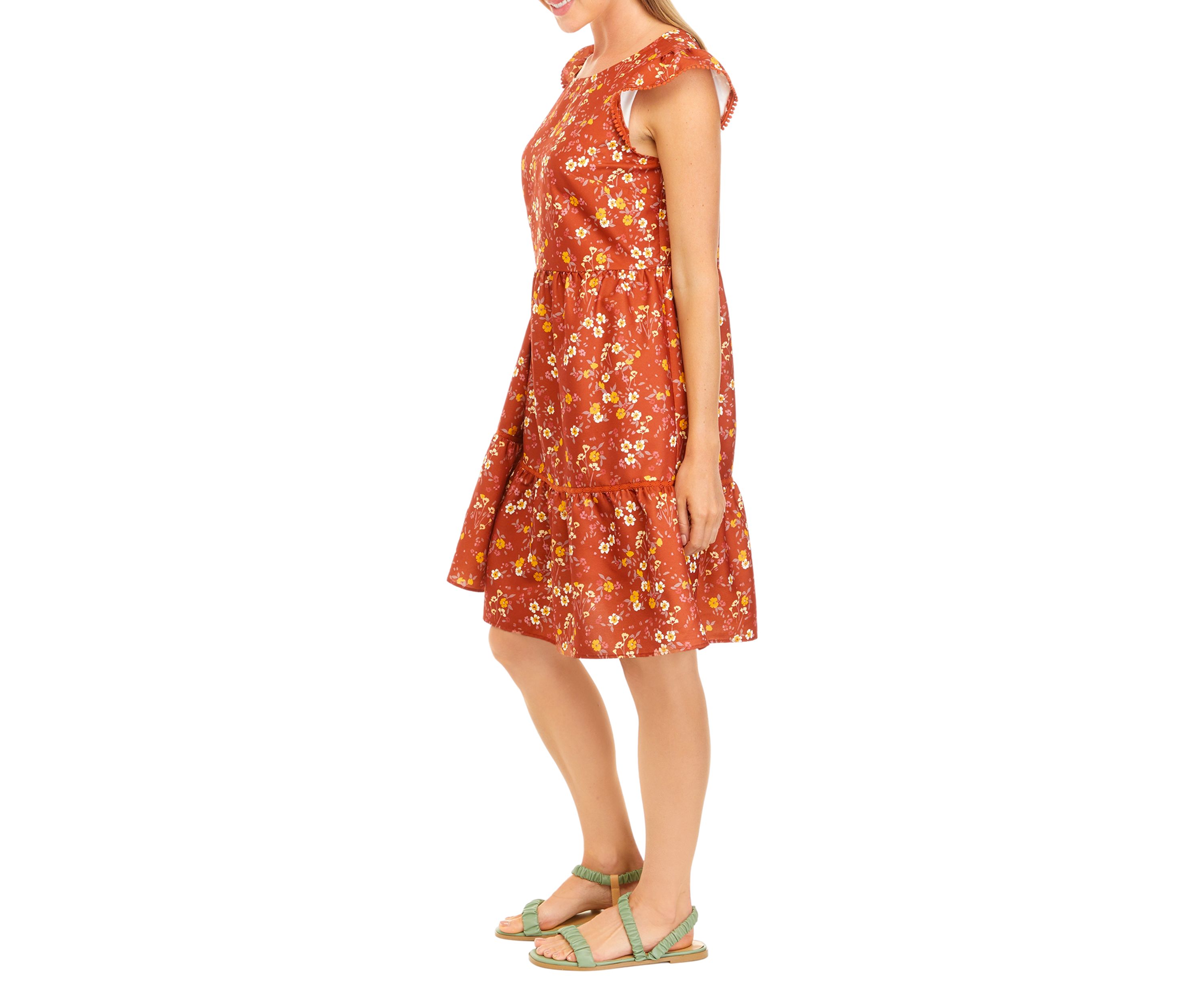 Womens Flutter Sleeve Floral Print A-Line Dress