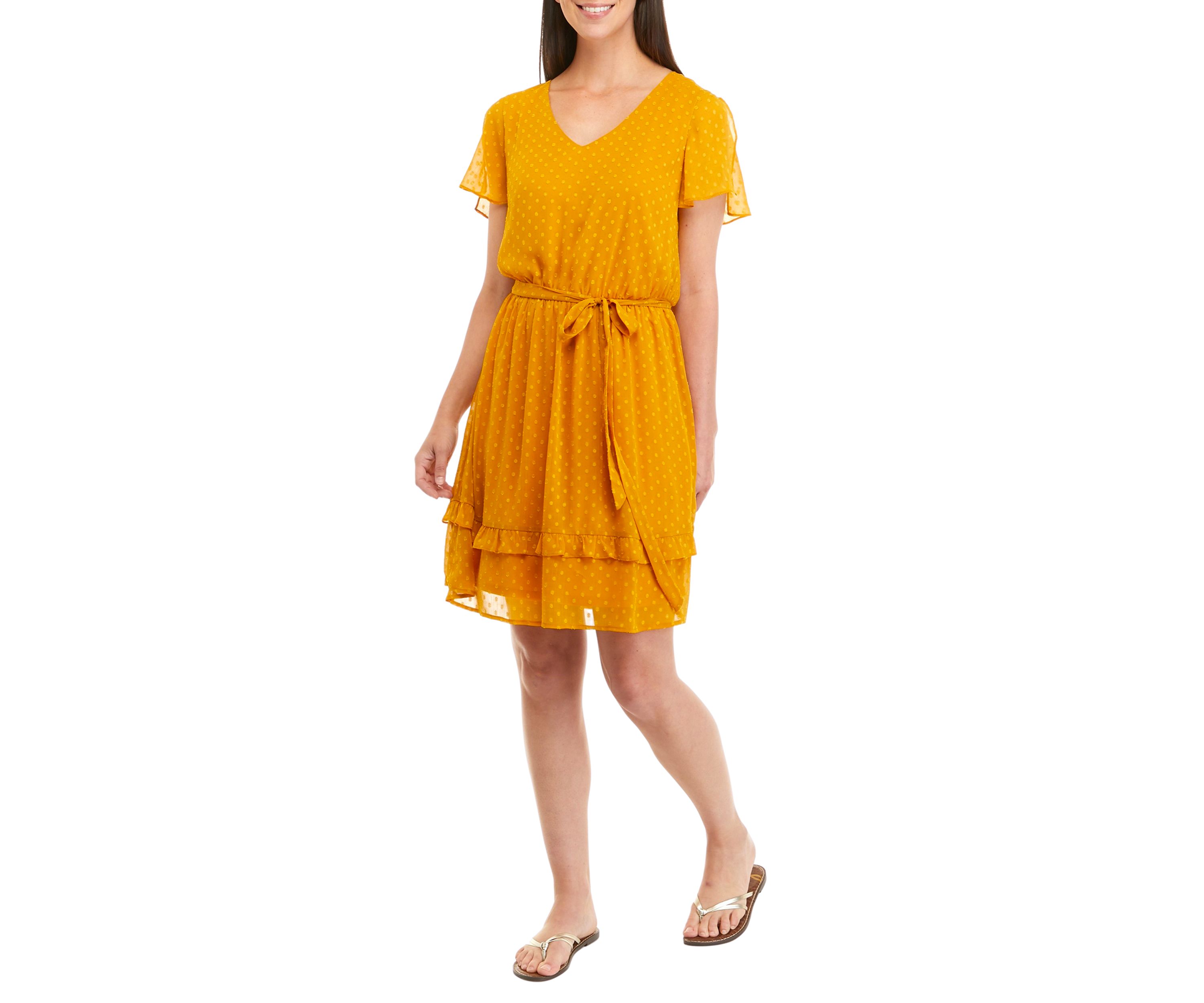 Womens Flutter Sleeve Clip Dot Tie Waist Dress