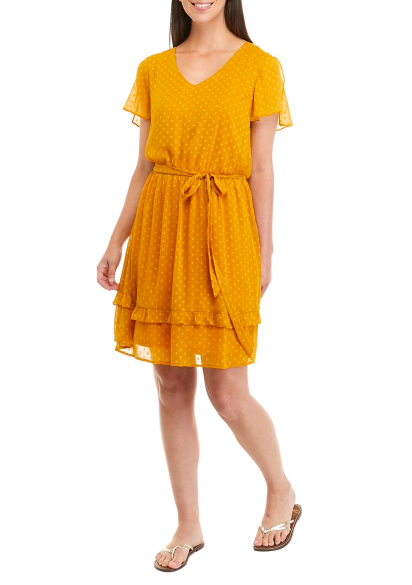 Womens Flutter Sleeve Clip Dot Tie Waist Dress