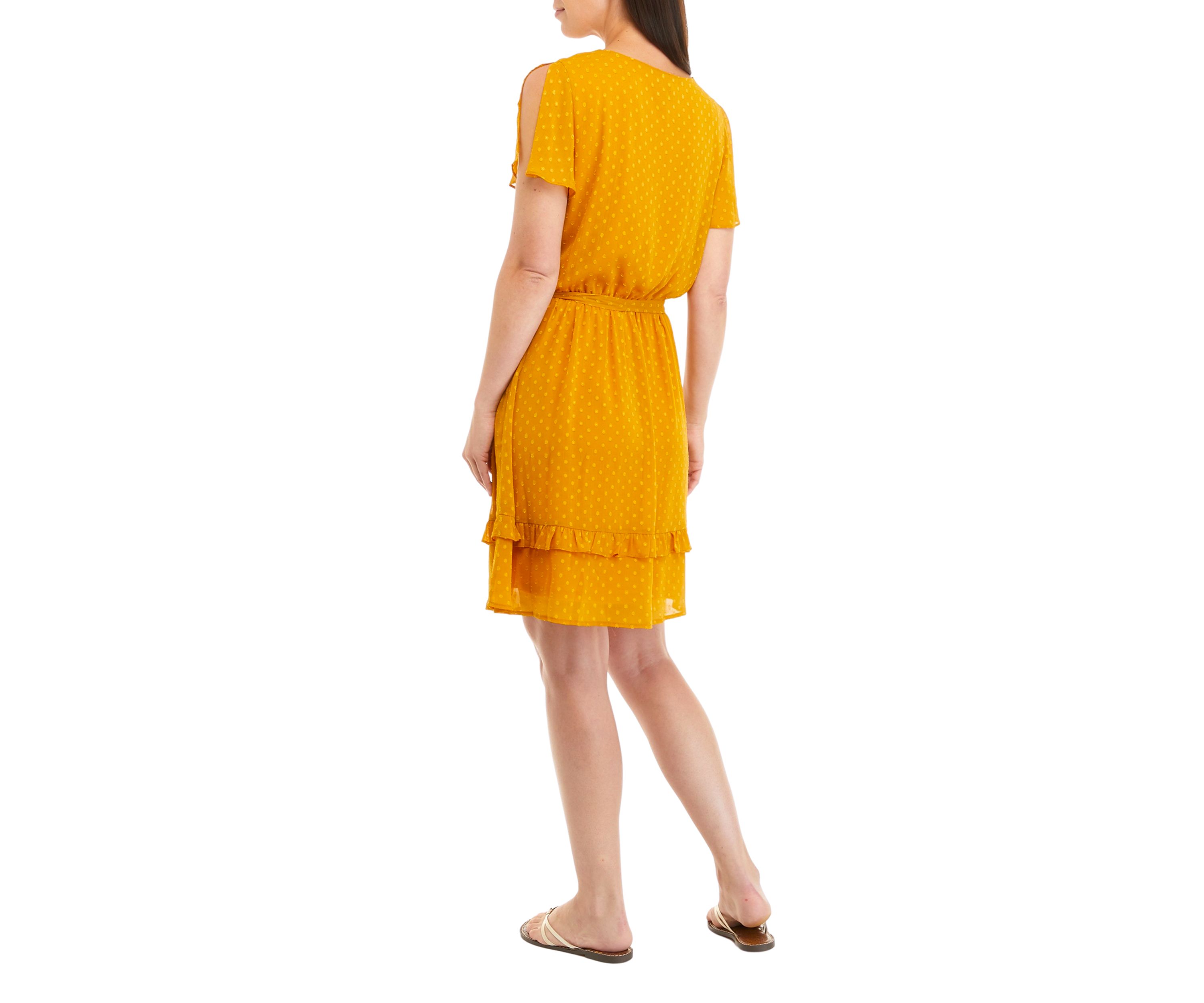 Womens Flutter Sleeve Clip Dot Tie Waist Dress