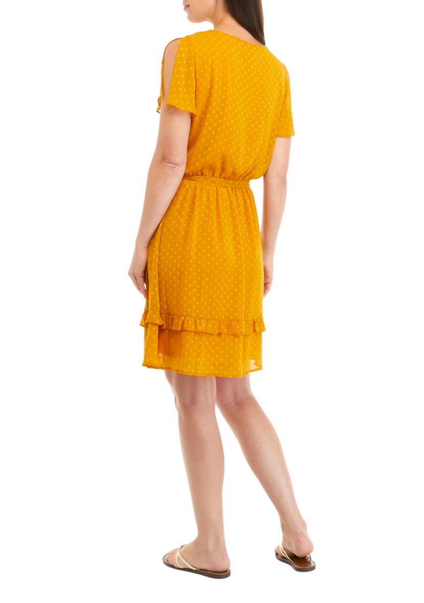 Womens Flutter Sleeve Clip Dot Tie Waist Dress