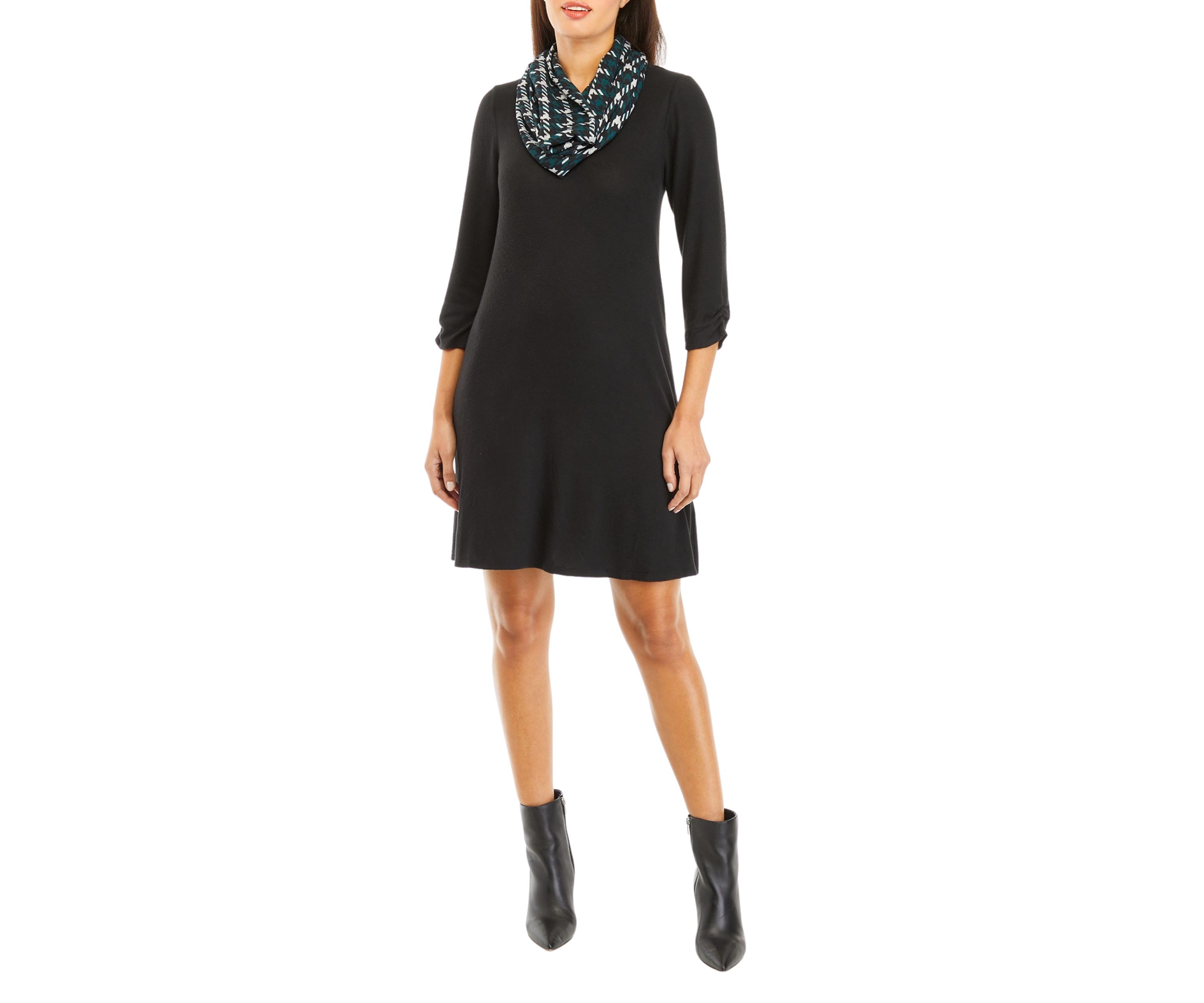 Womens 3/4 Sleeve Cozy Scarf A-Line Dress