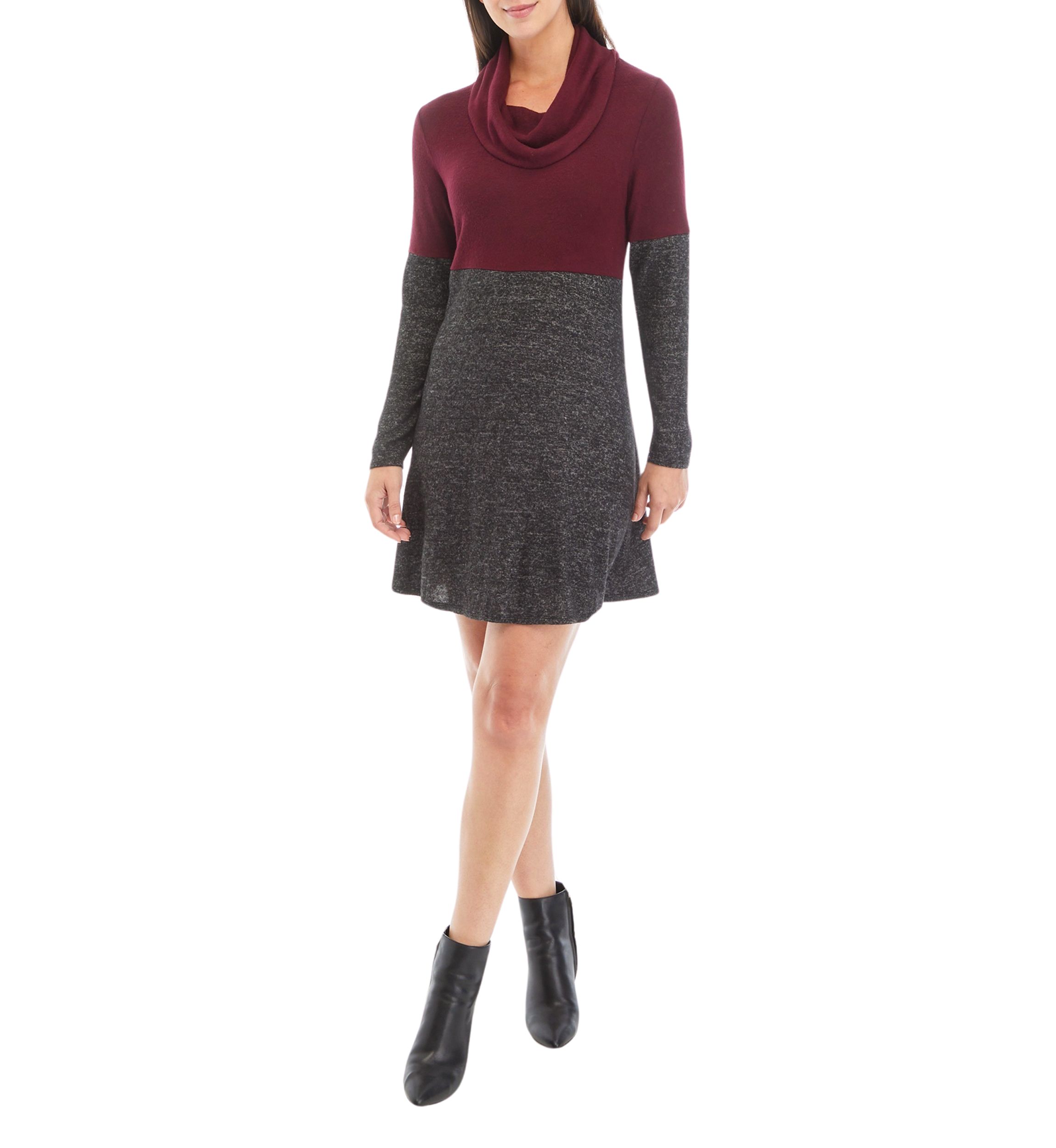 Womens Long Sleeve Cozy Scarf A-Line Color Block Dress