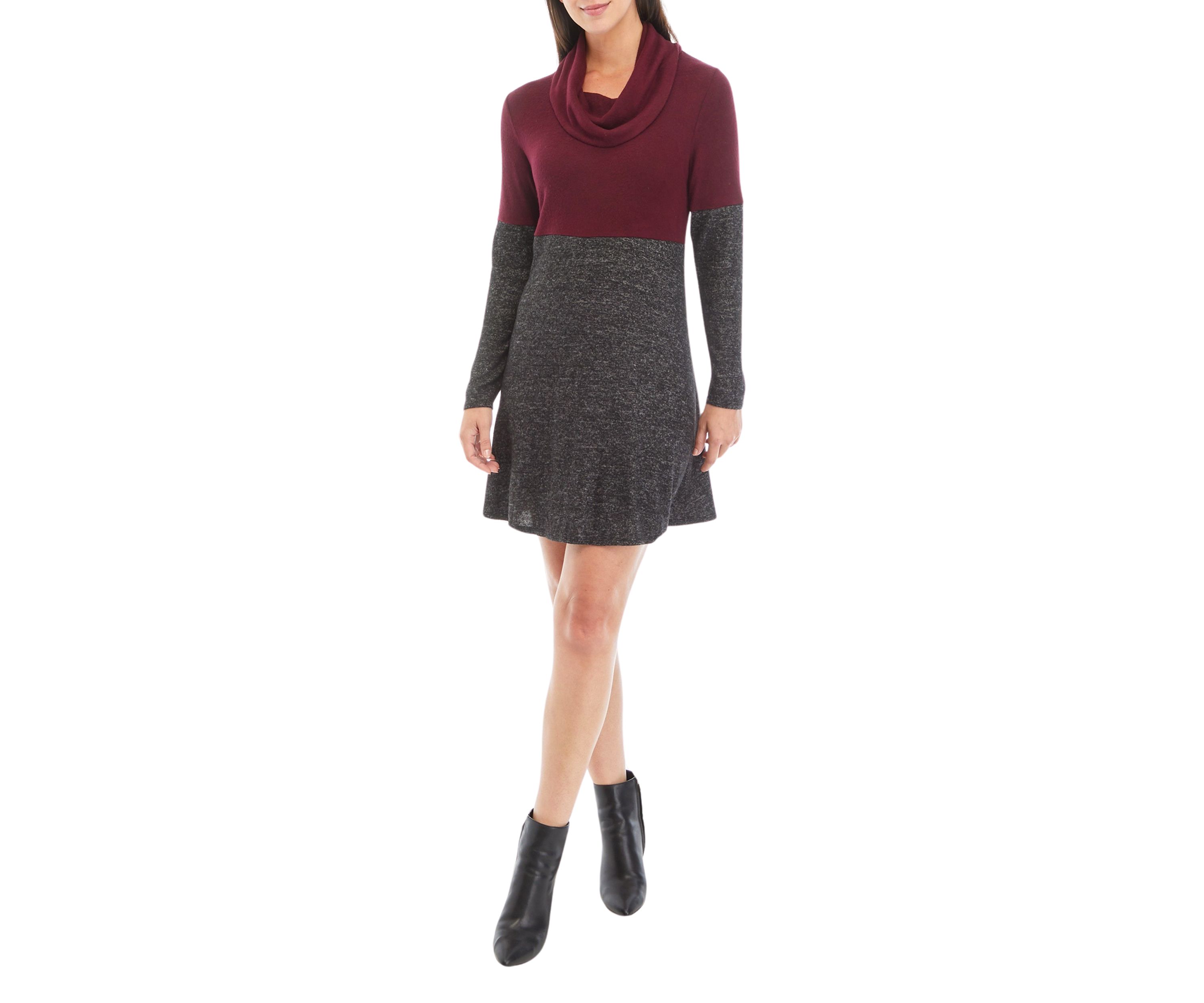 Womens Long Sleeve Cozy Scarf A-Line Color Block Dress
