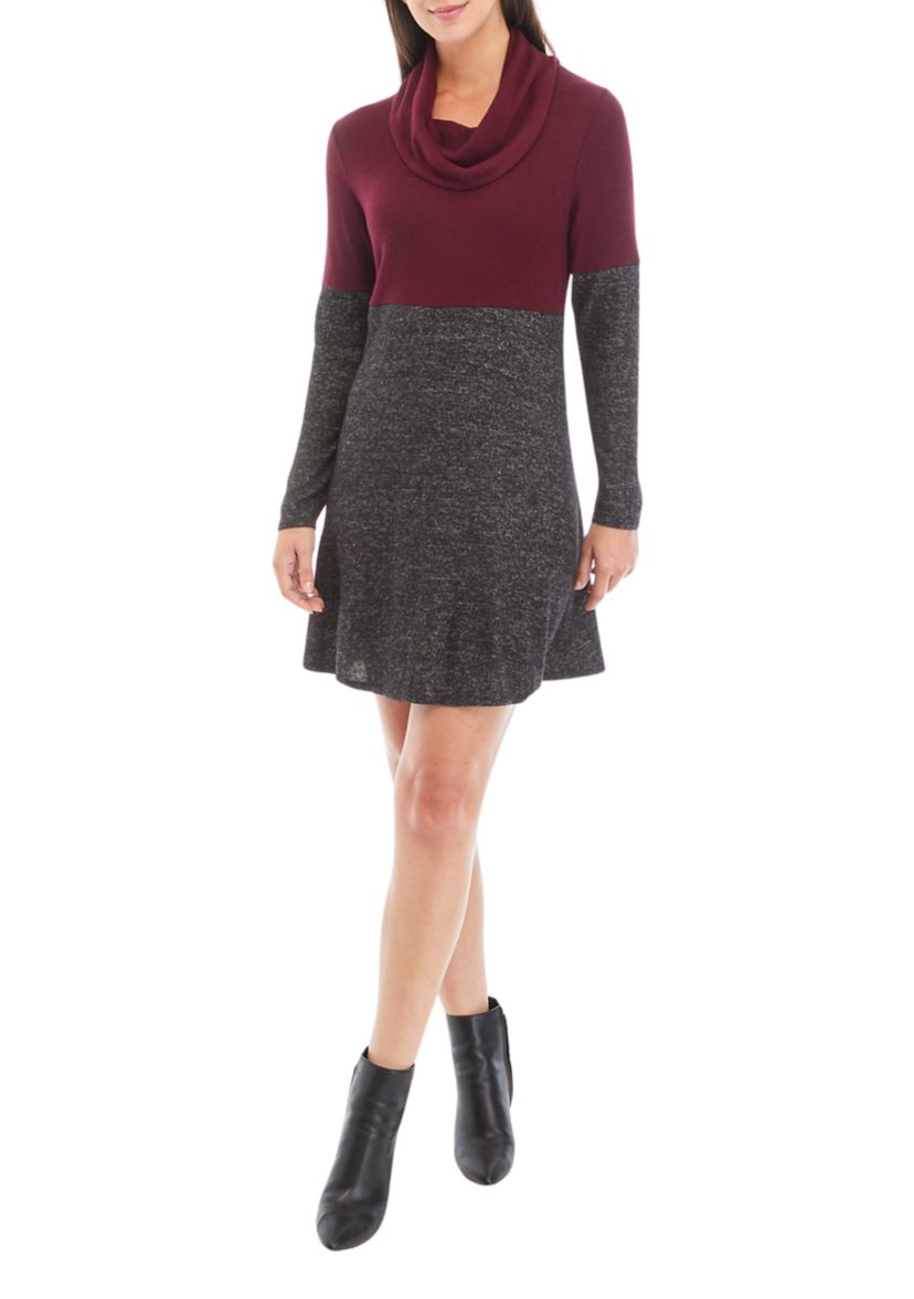 Womens Long Sleeve Cozy Scarf A-Line Color Block Dress