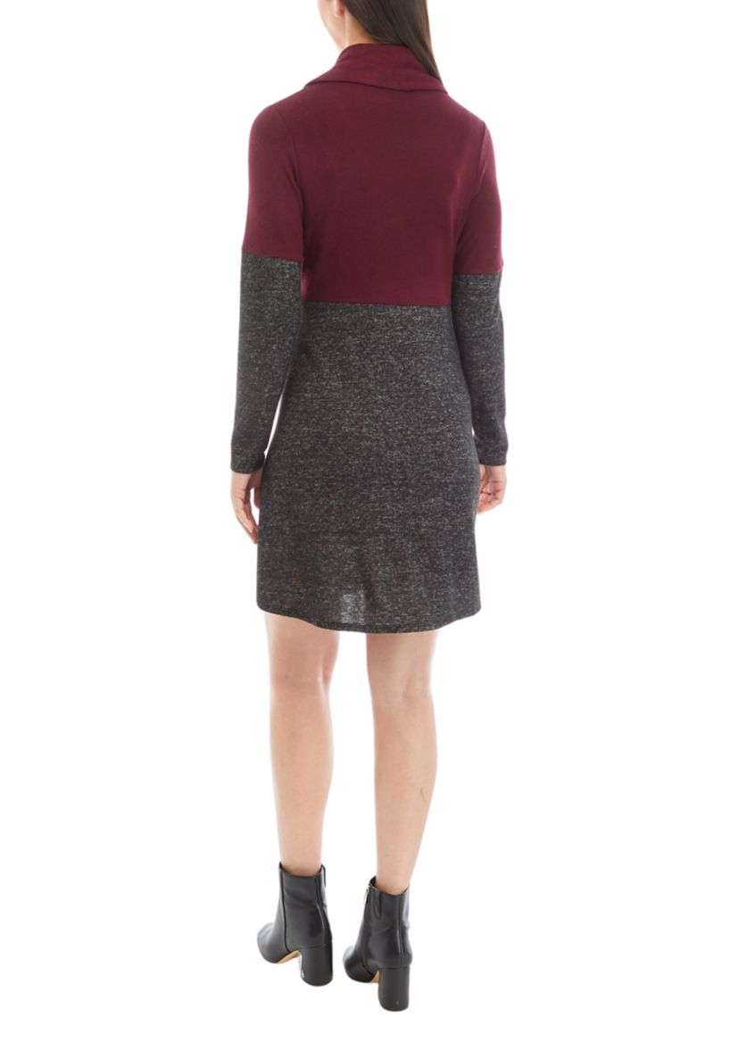 Womens Long Sleeve Cozy Scarf A-Line Color Block Dress
