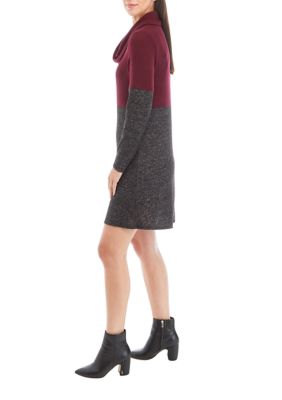 Women's Long Sleeve Cozy Scarf A-Line Color Block Dress