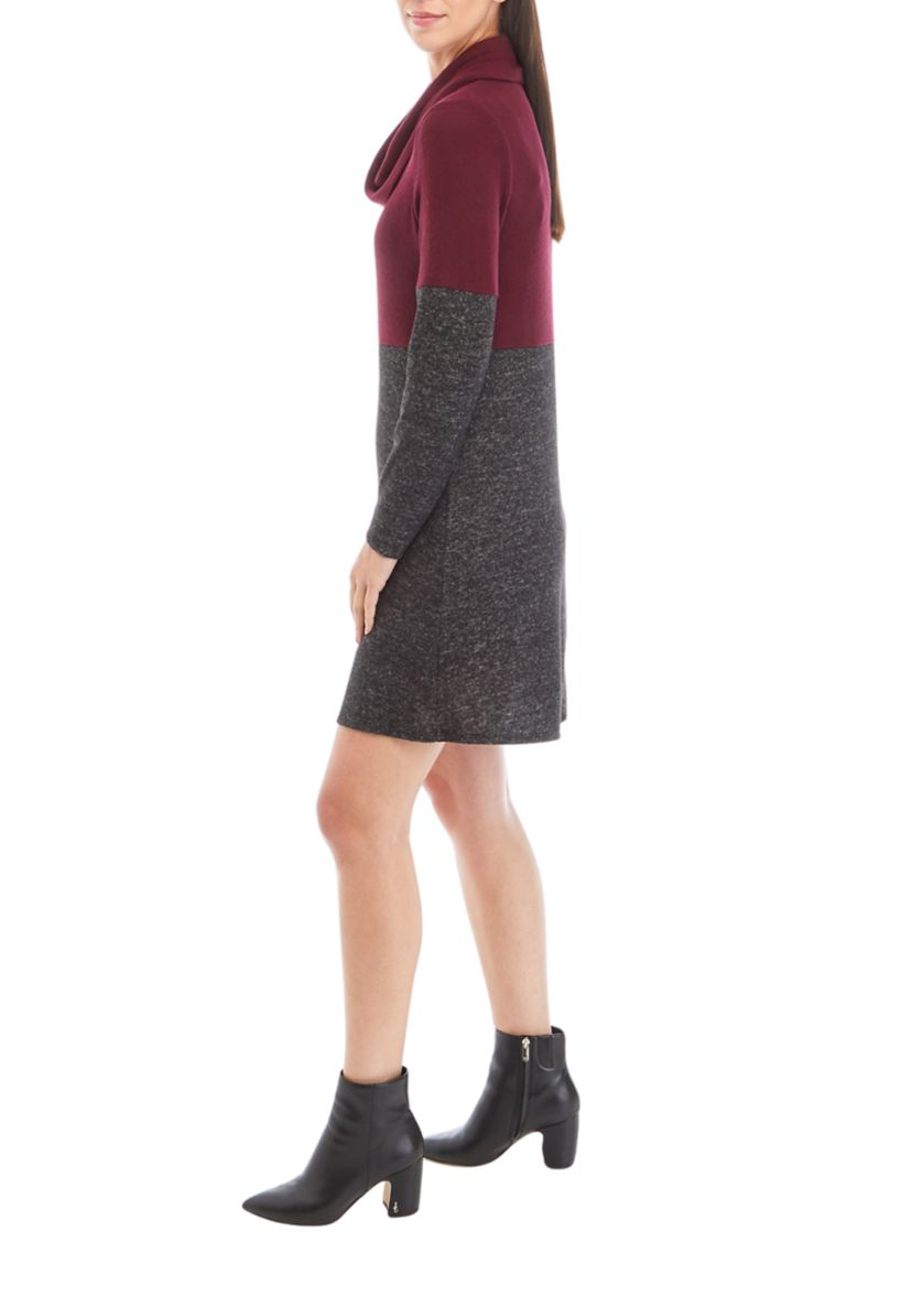 Womens Long Sleeve Cozy Scarf A-Line Color Block Dress