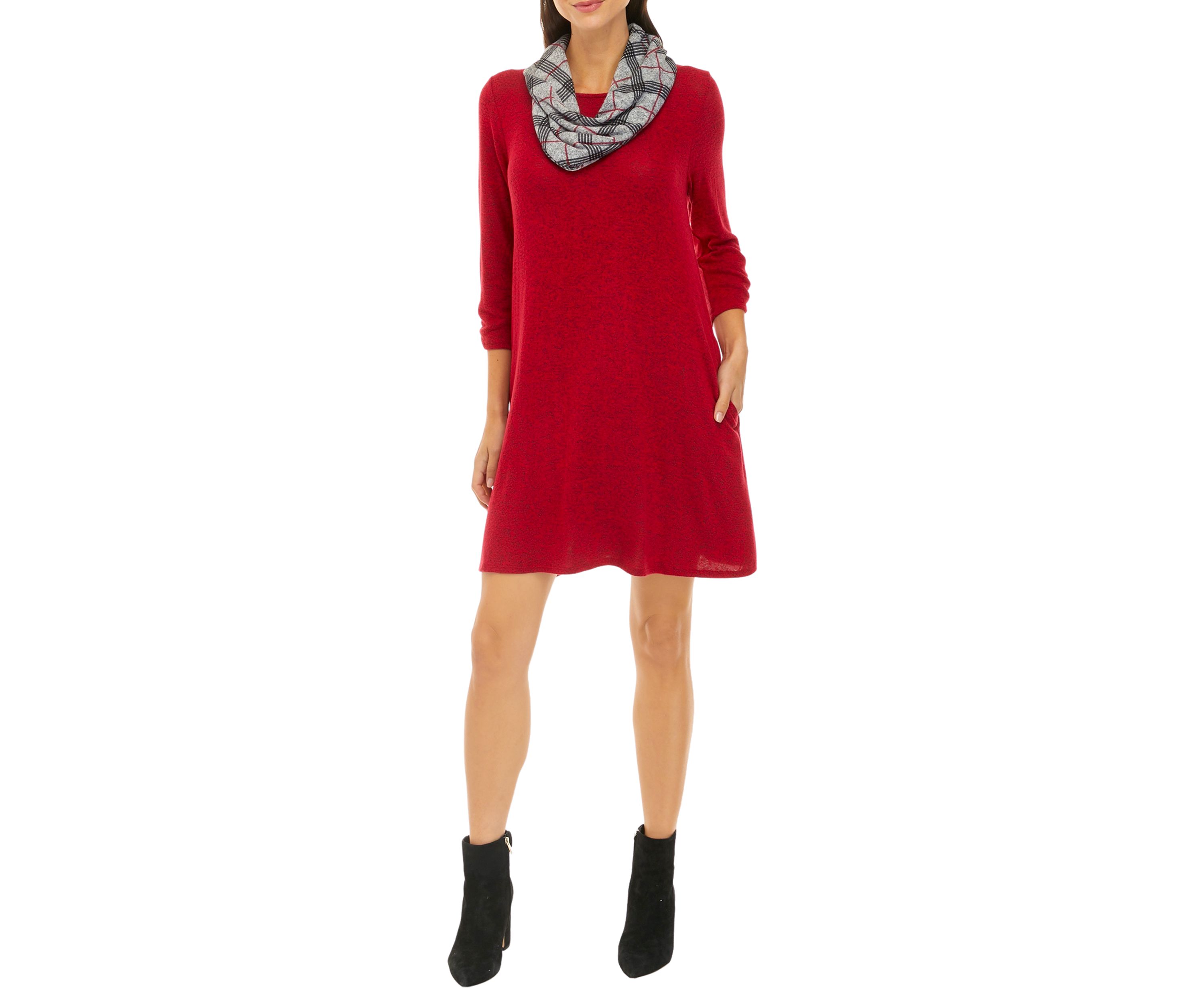 Womens 3/4 Sleeve Cozy A-Line Dress with Removable Scarf