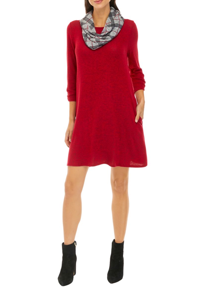 Womens 3/4 Sleeve Cozy A-Line Dress with Removable Scarf