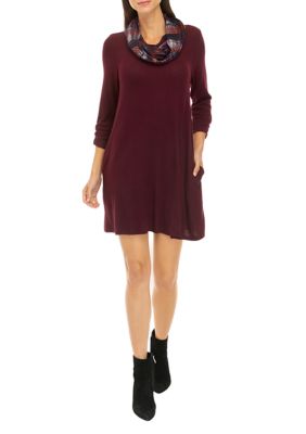 Women's 3/4 Sleeve Cozy A-Line Dress with Removable Scarf