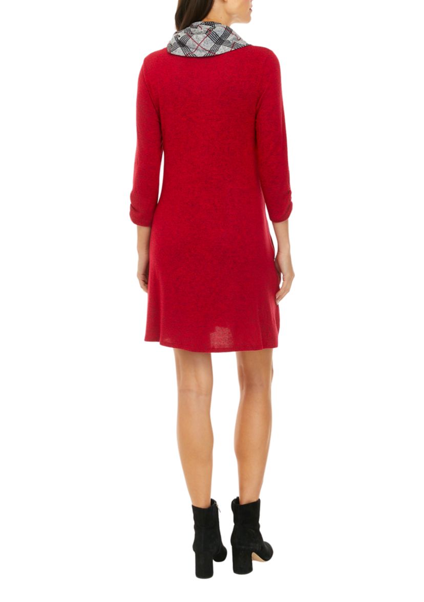 Womens 3/4 Sleeve Cozy A-Line Dress with Removable Scarf