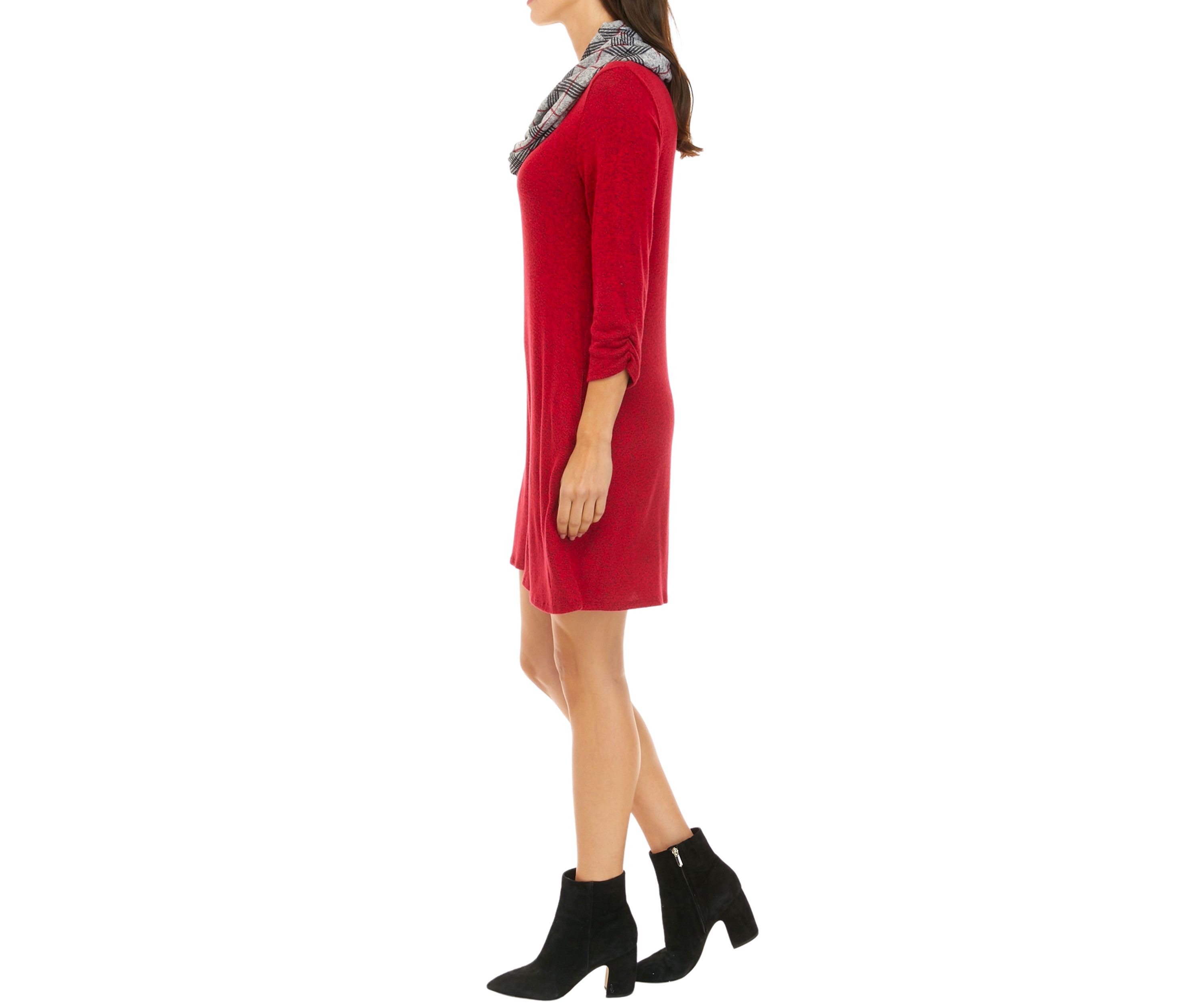 Womens 3/4 Sleeve Cozy A-Line Dress with Removable Scarf