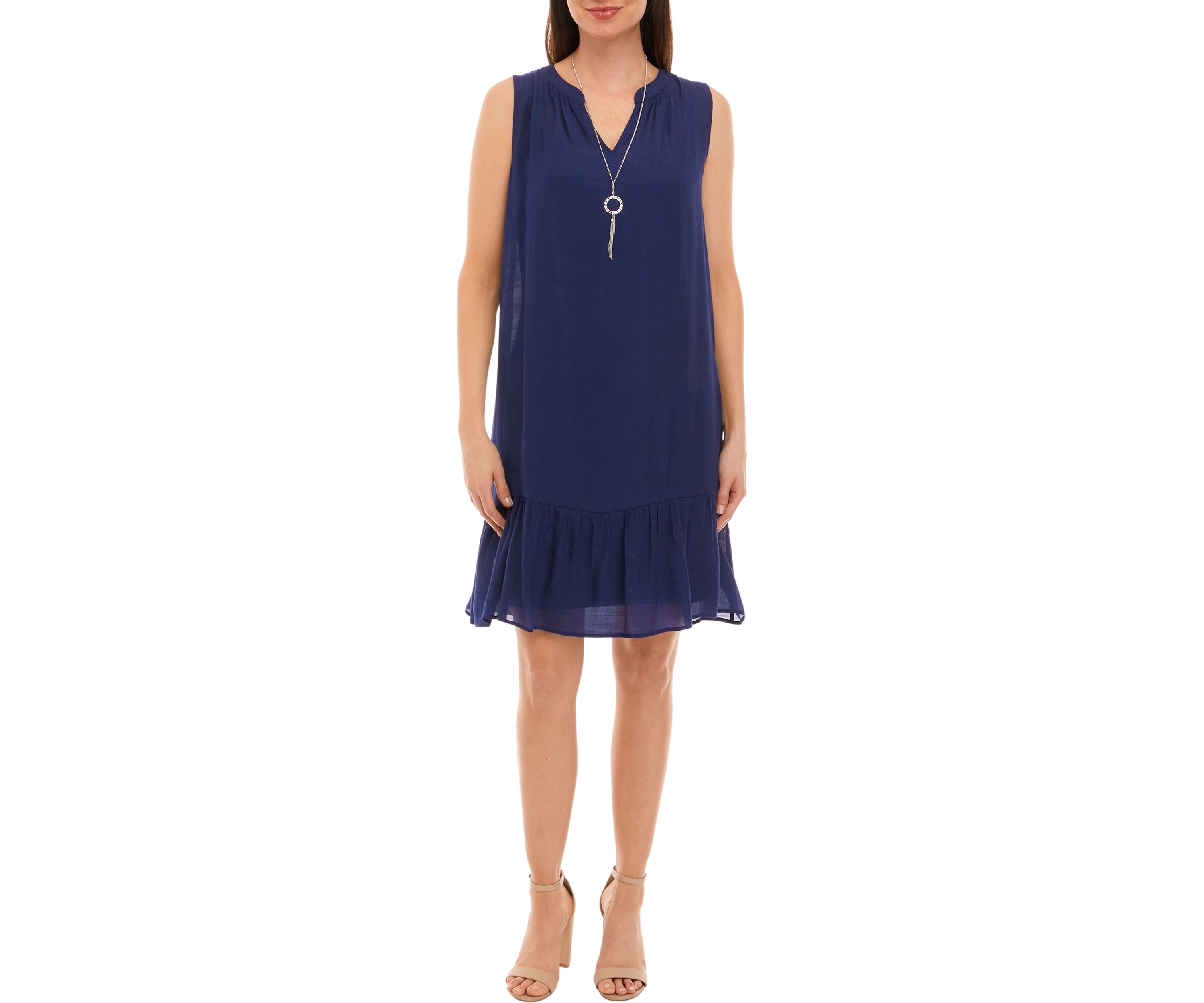 Womens Sleeveless Split Neck Ruffle Hem Solid Gauze A-Line Dress