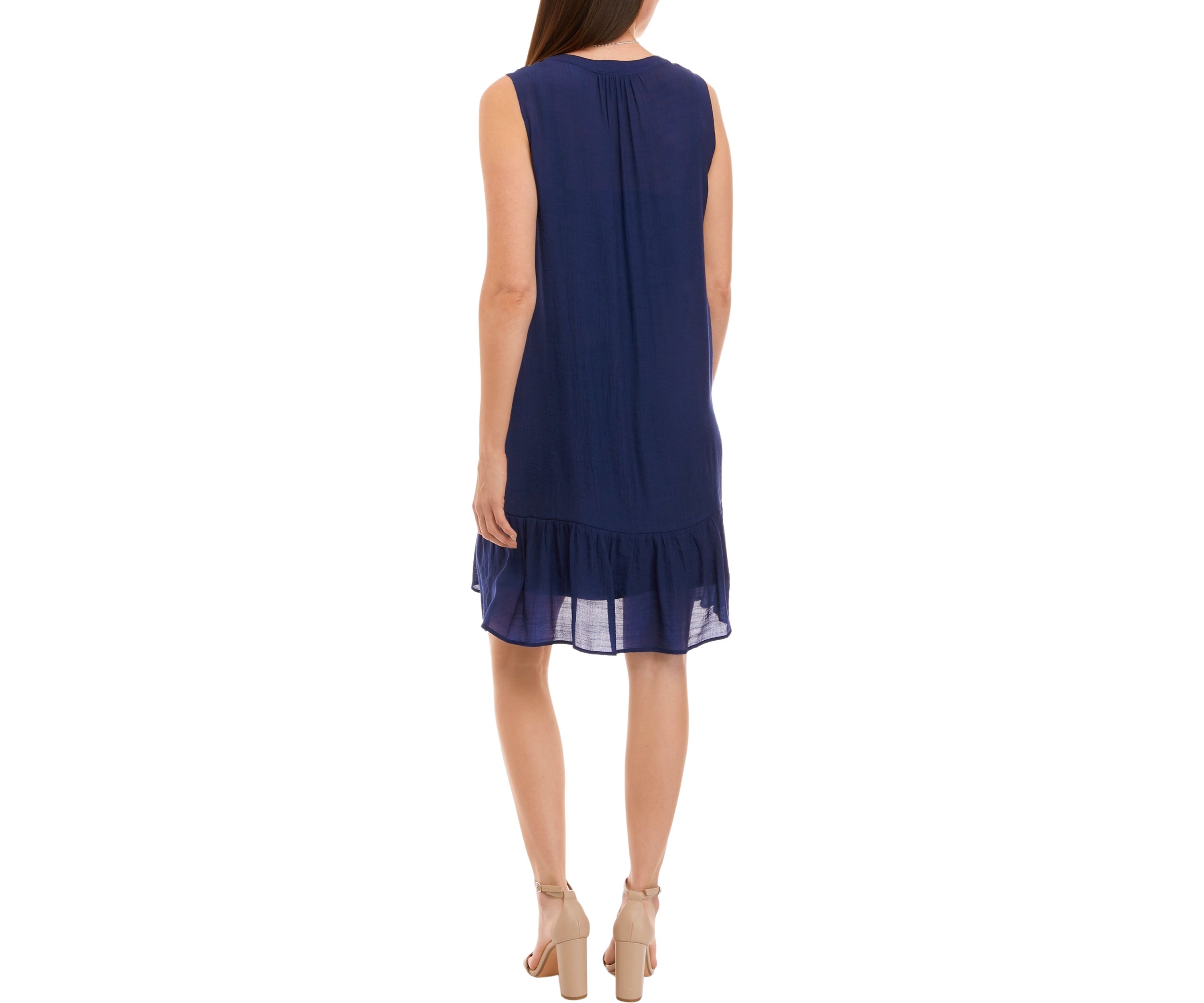 Womens Sleeveless Split Neck Ruffle Hem Solid Gauze A-Line Dress