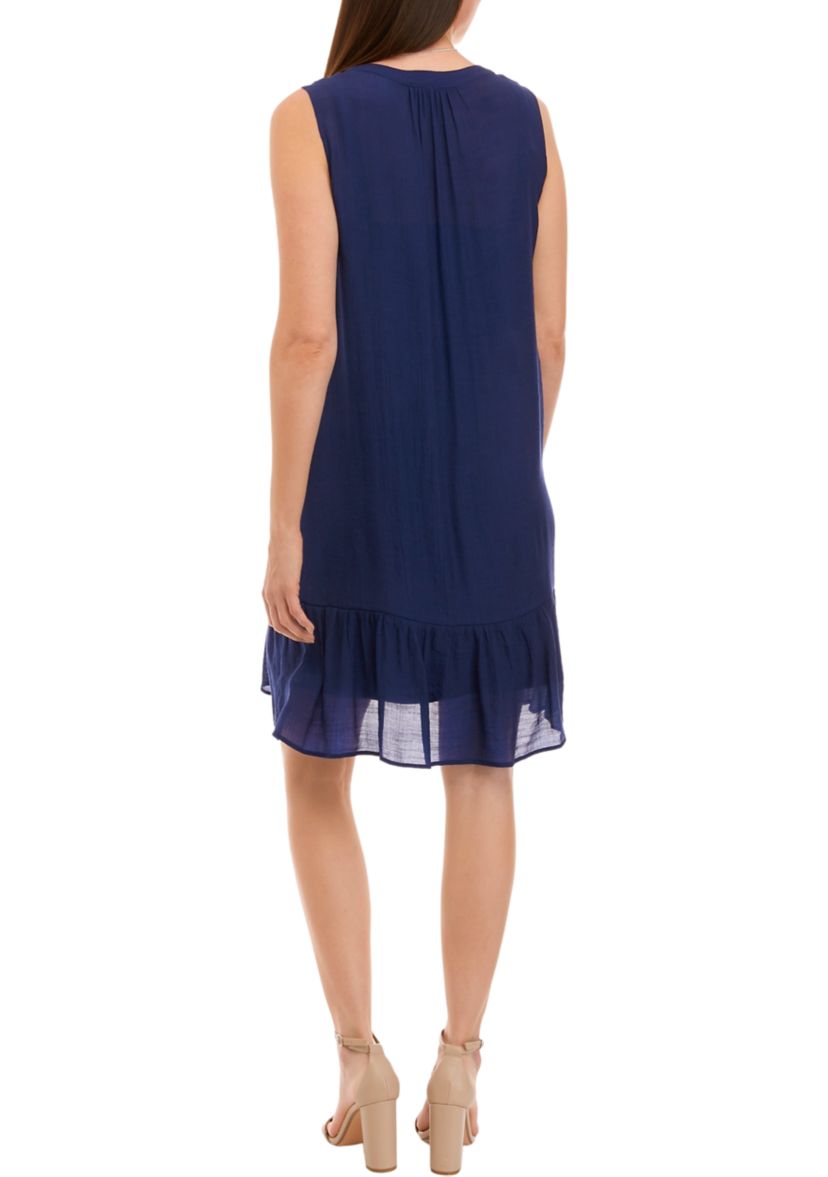 Womens Sleeveless Split Neck Ruffle Hem Solid Gauze A-Line Dress