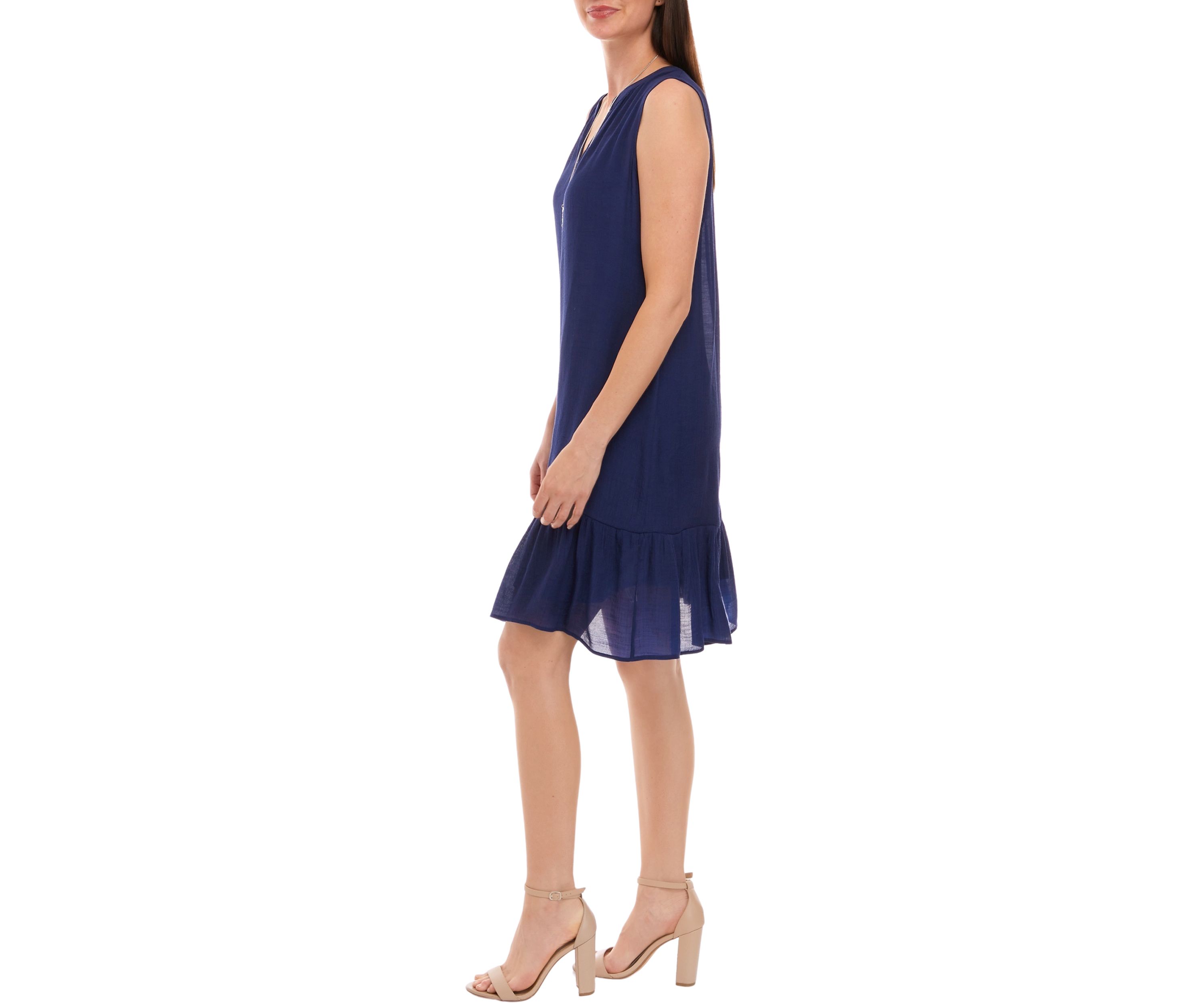 Womens Sleeveless Split Neck Ruffle Hem Solid Gauze A-Line Dress