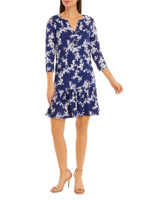 Women's 3/4 Sleeve Split Neck Floral Print Ruffle Hem Dress