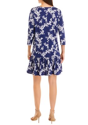 Women's 3/4 Sleeve Split Neck Floral Print Ruffle Hem Dress