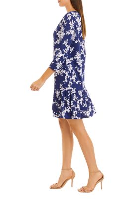 Women's 3/4 Sleeve Split Neck Floral Print Ruffle Hem Dress