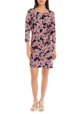 Women's 3/4 Sleeve Side Knot Paisley Print Sheath Dress