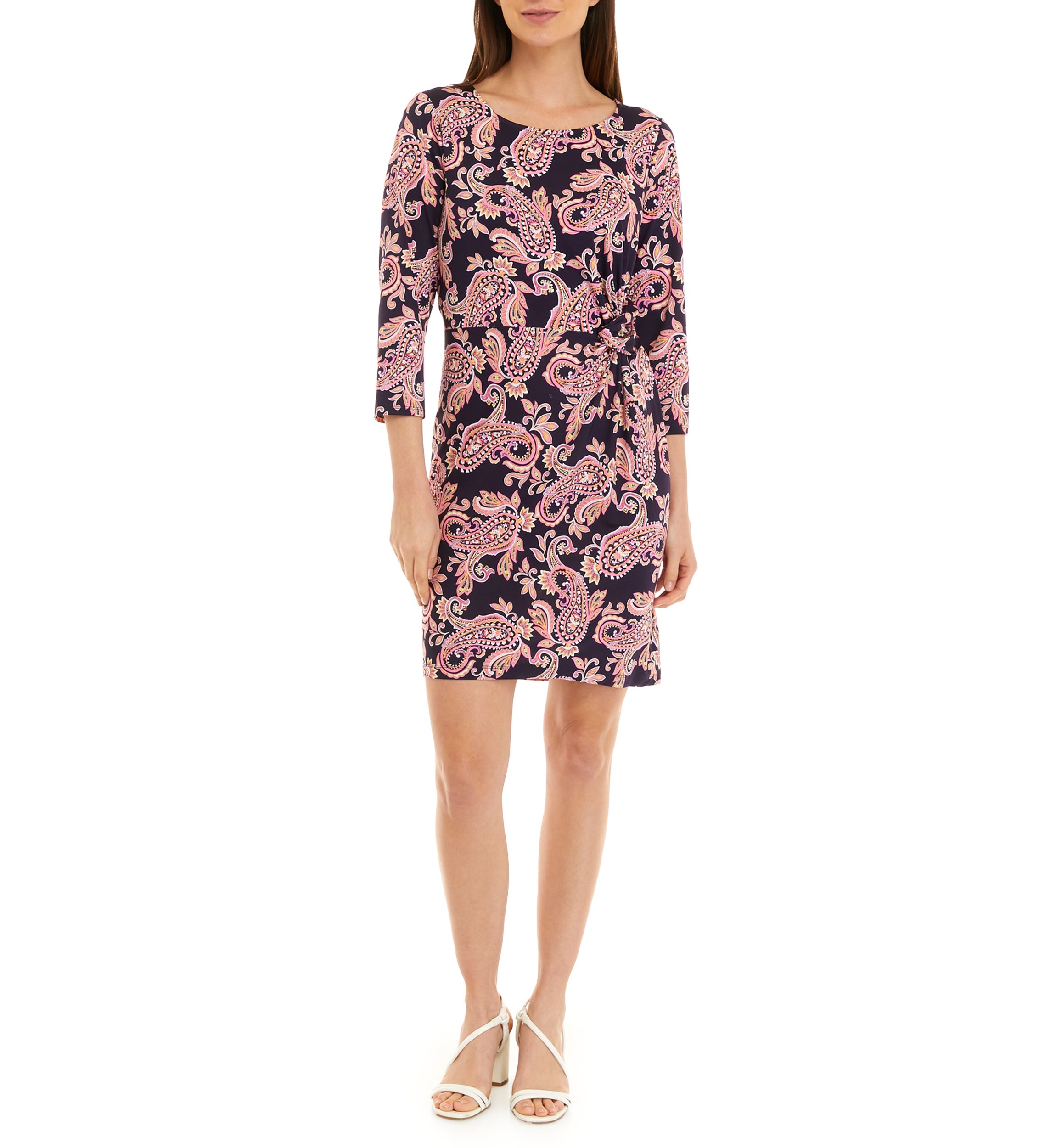 Womens 3/4 Sleeve Side Knot Paisley Print Sheath Dress