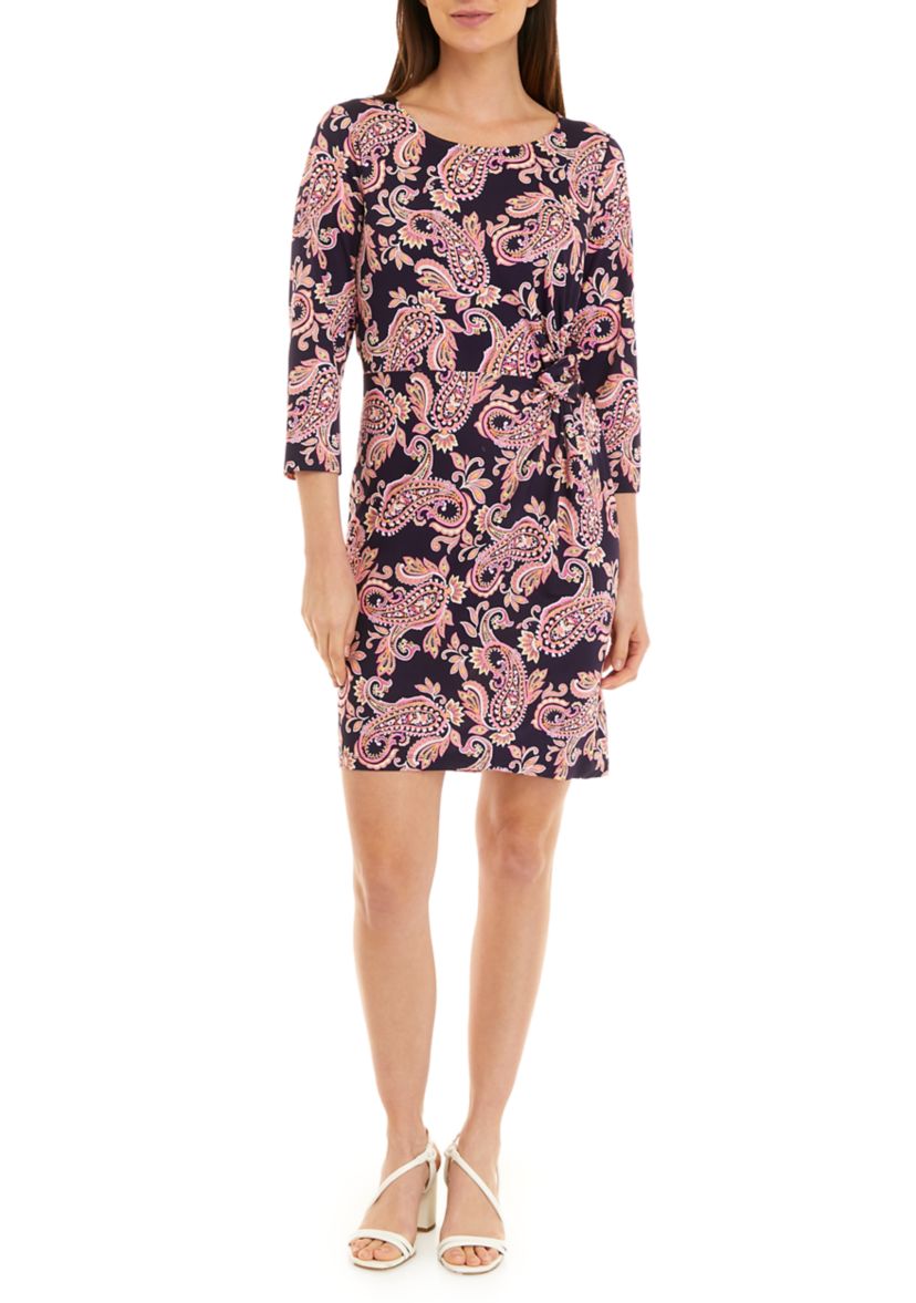 Womens 3/4 Sleeve Side Knot Paisley Print Sheath Dress