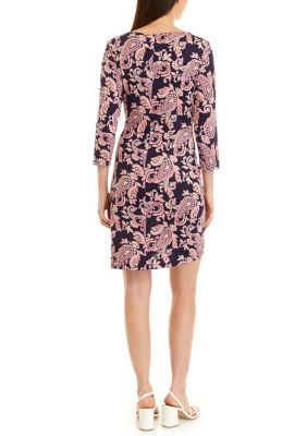 Women's 3/4 Sleeve Side Knot Paisley Print Sheath Dress