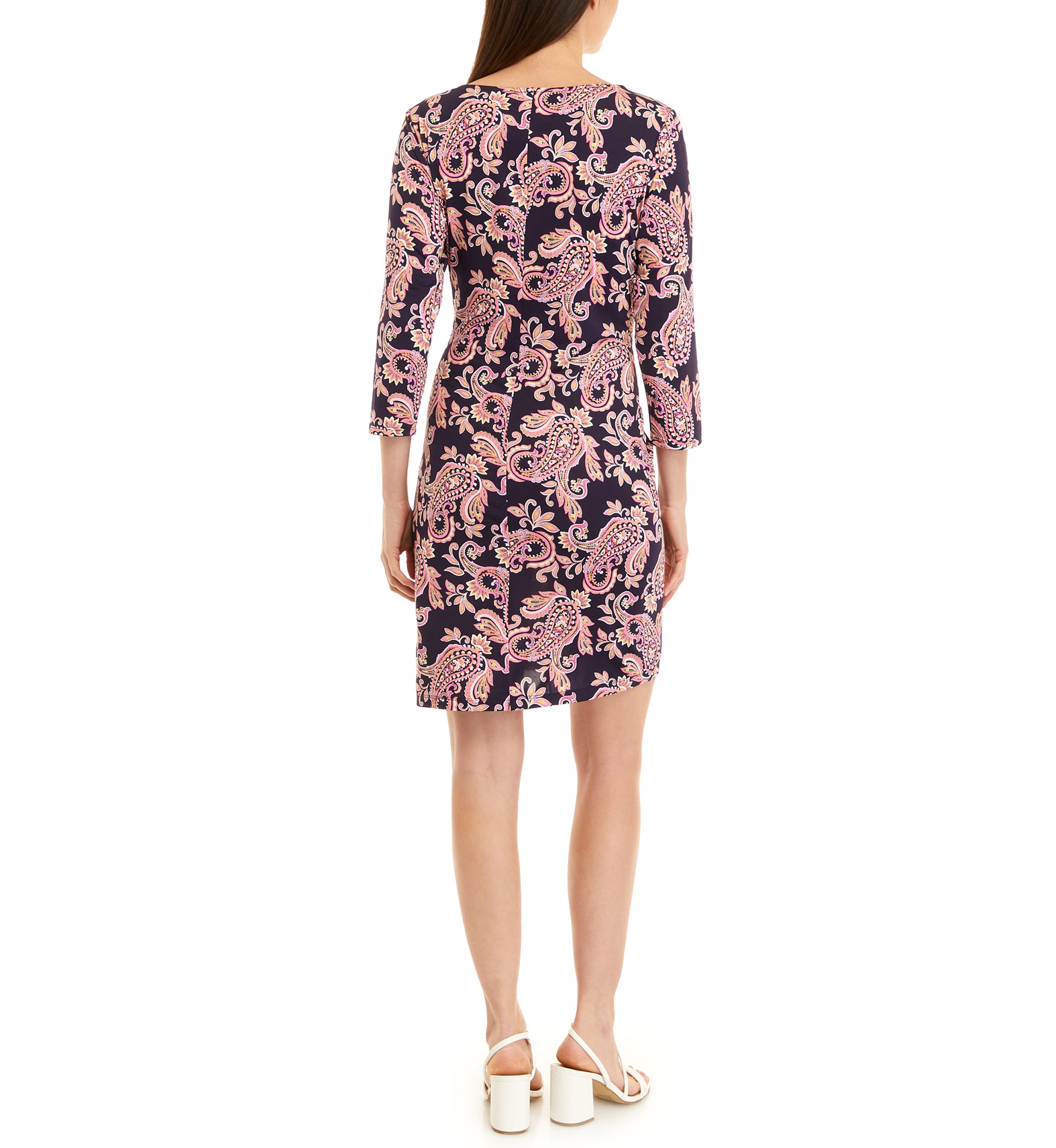 Womens 3/4 Sleeve Side Knot Paisley Print Sheath Dress