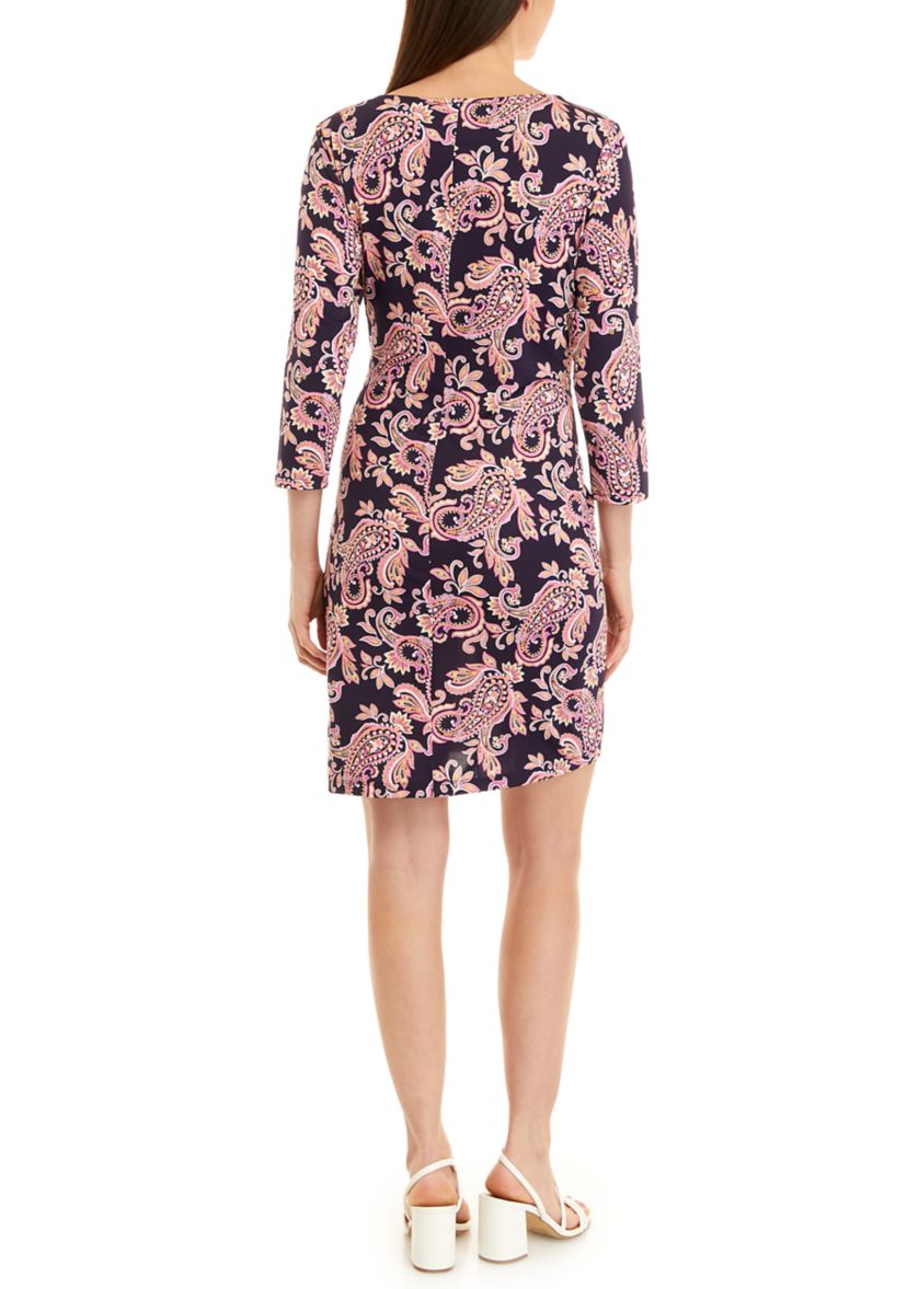 Womens 3/4 Sleeve Side Knot Paisley Print Sheath Dress
