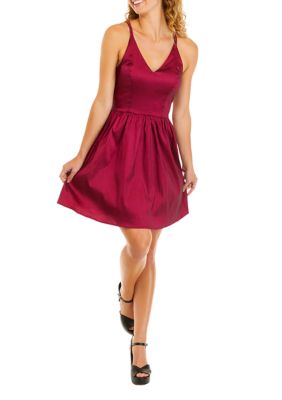 Women's V-Neck Solid Taffeta Fit and Flare Dress