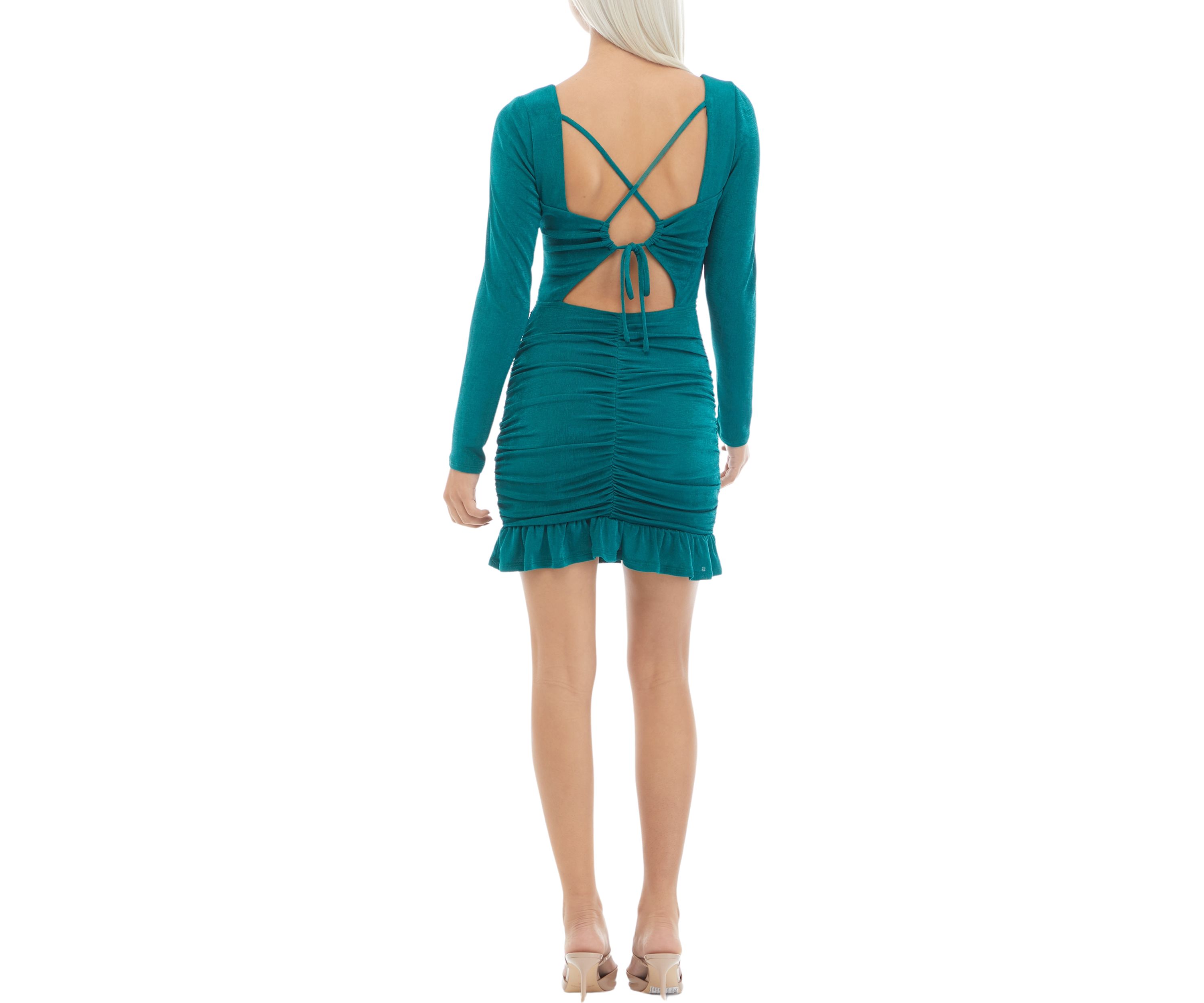 Womens Long Sleeve Sweetheart Neck Ruched Knit Sheath Dress