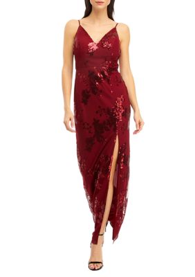 A. Byer Women's Spaghetti Strap V-Neck Embroidered Mesh Slim Gown