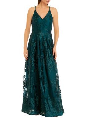 Women's Spaghetti Strap V-Neck Embroidered Ballgown