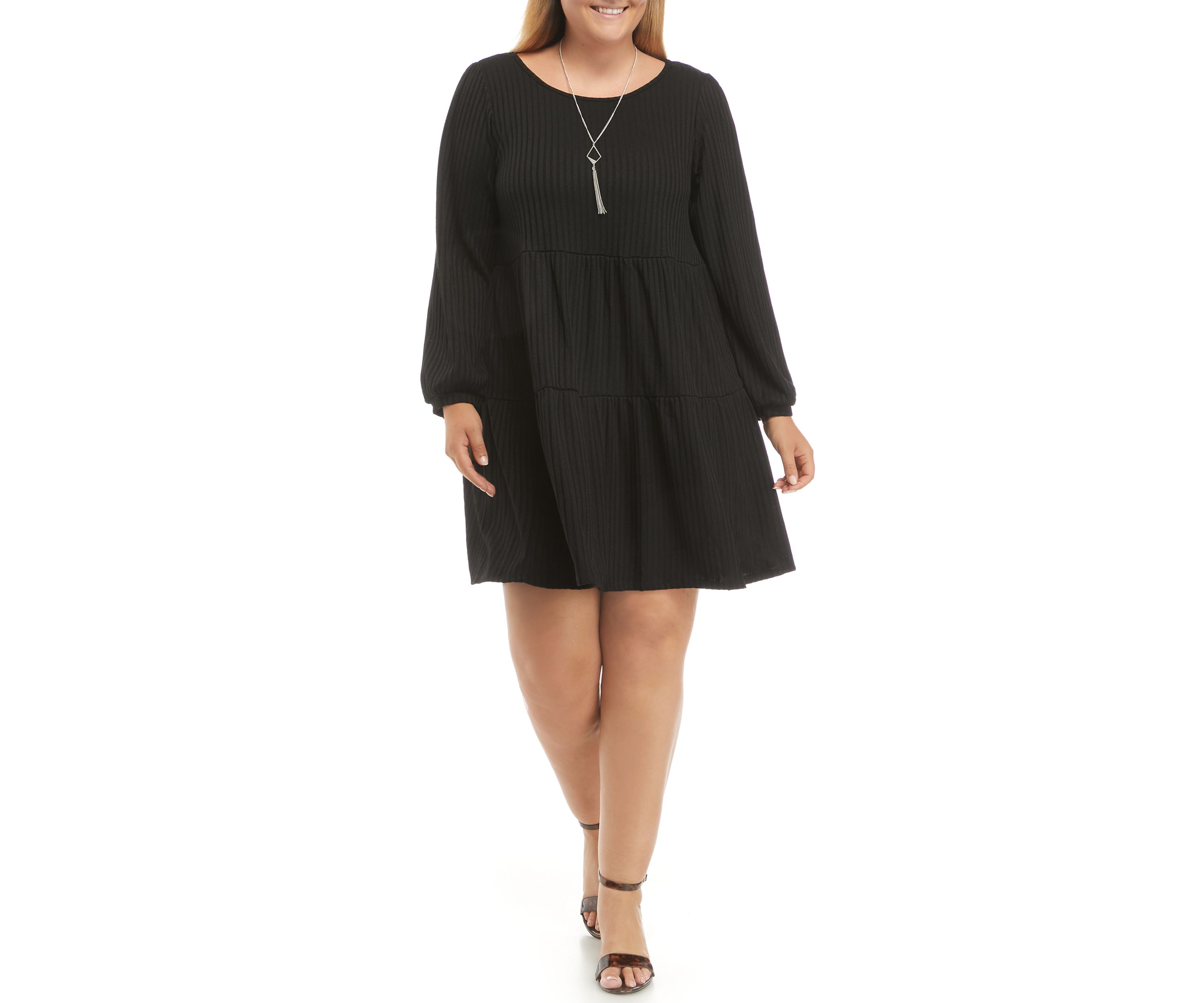 Plus Size Long Puff Sleeve Tiered Baby Doll Swing Dress