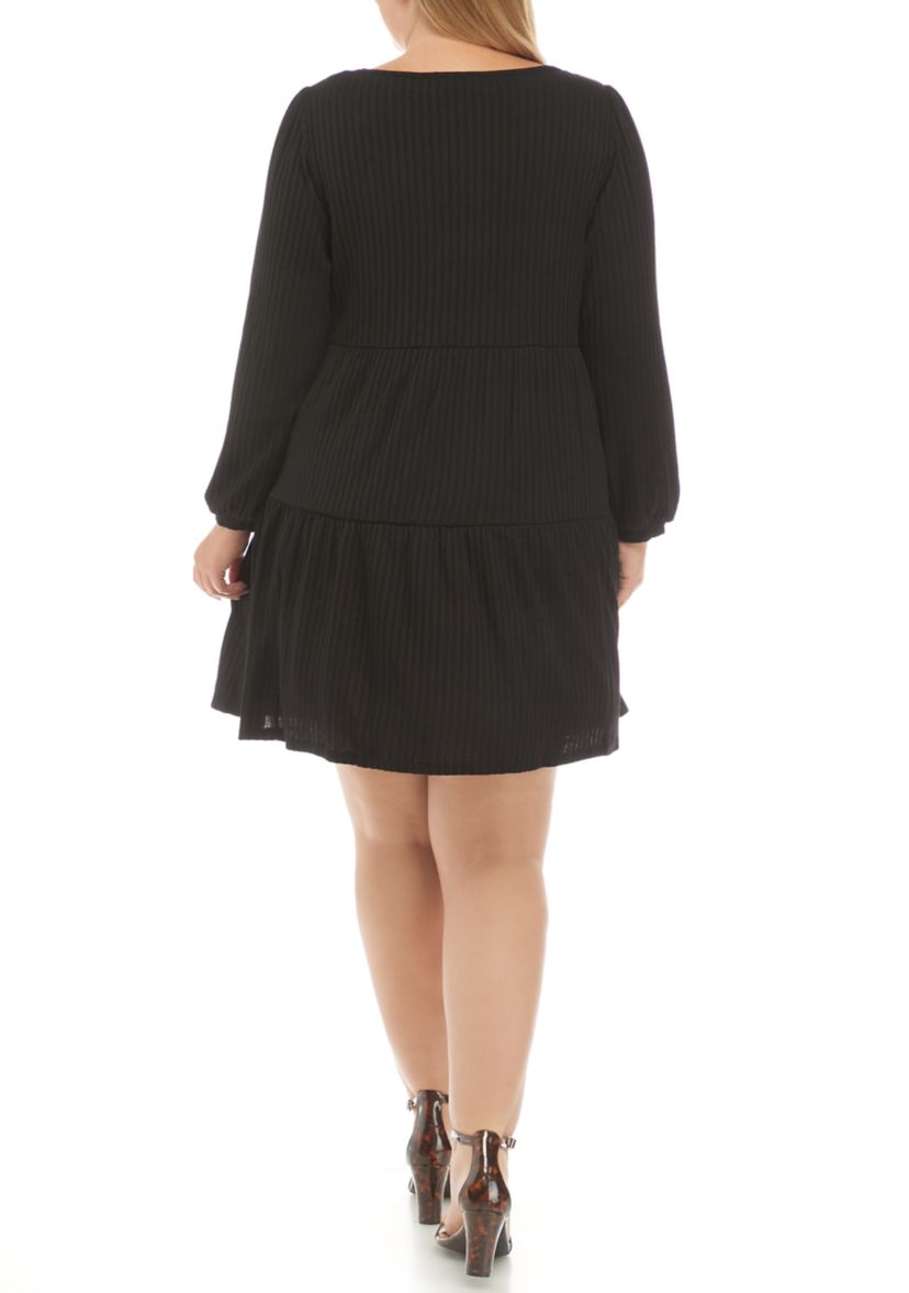 Plus Size Long Puff Sleeve Tiered Baby Doll Swing Dress