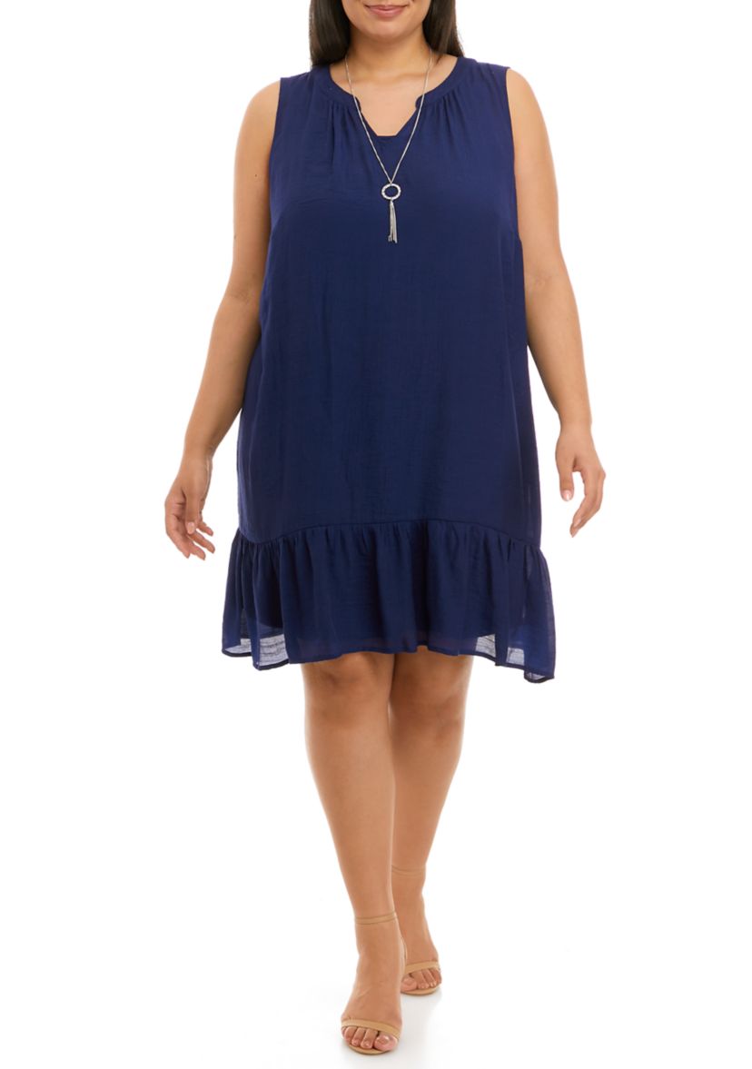 Plus Size Sleeveless Notch Dress with Necklace 