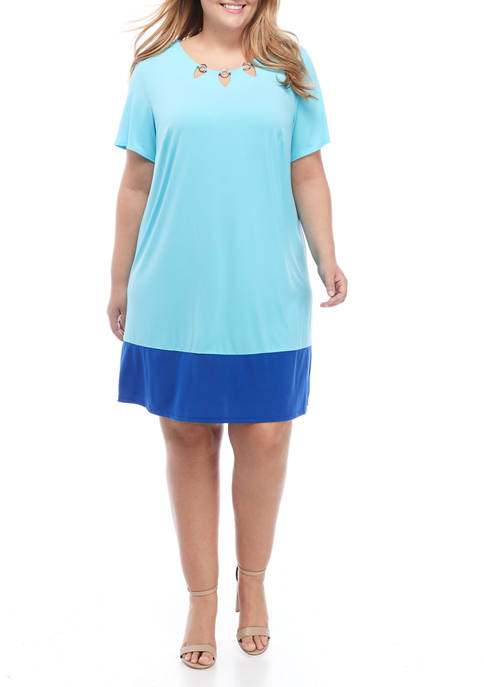 Plus Size Short Sleeve Hardware Colorblock A-Line Dress 