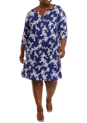 Plus 3/4 Sleeve Split Neck Floral Print Ruffle Hem Dress