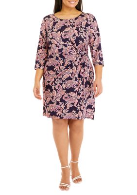 Plus 3/4 Sleeve Side Knot Floral Print Sheath Dress