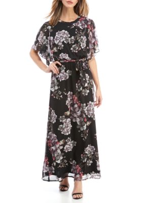 nine west bell sleeve printed maxi dress with sash wais