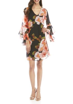 nine west bell sleeve printed maxi dress with sash wais