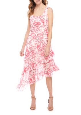 nine west sleeveless printed ruffle trim dres